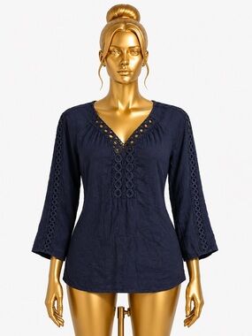 Zac & Rachel Navy Crochet-Trim V-Neck Tunic
